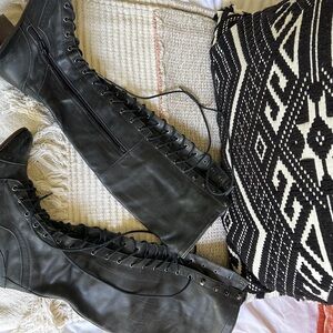 Joe by Jeffrey Campbell for Free People Black Lace-Up Leather Knee-High Boots